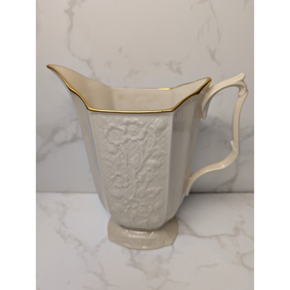 Lenox Ivory Gold Trim Creamer Pitcher Floral Embossed USA 7"
